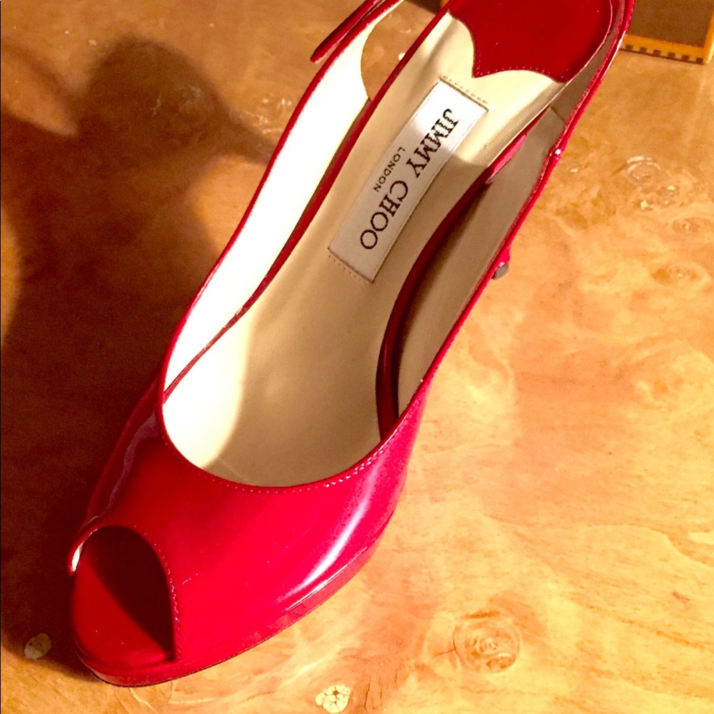 Jimmy Choo red patent, open toe sling back 4” heel